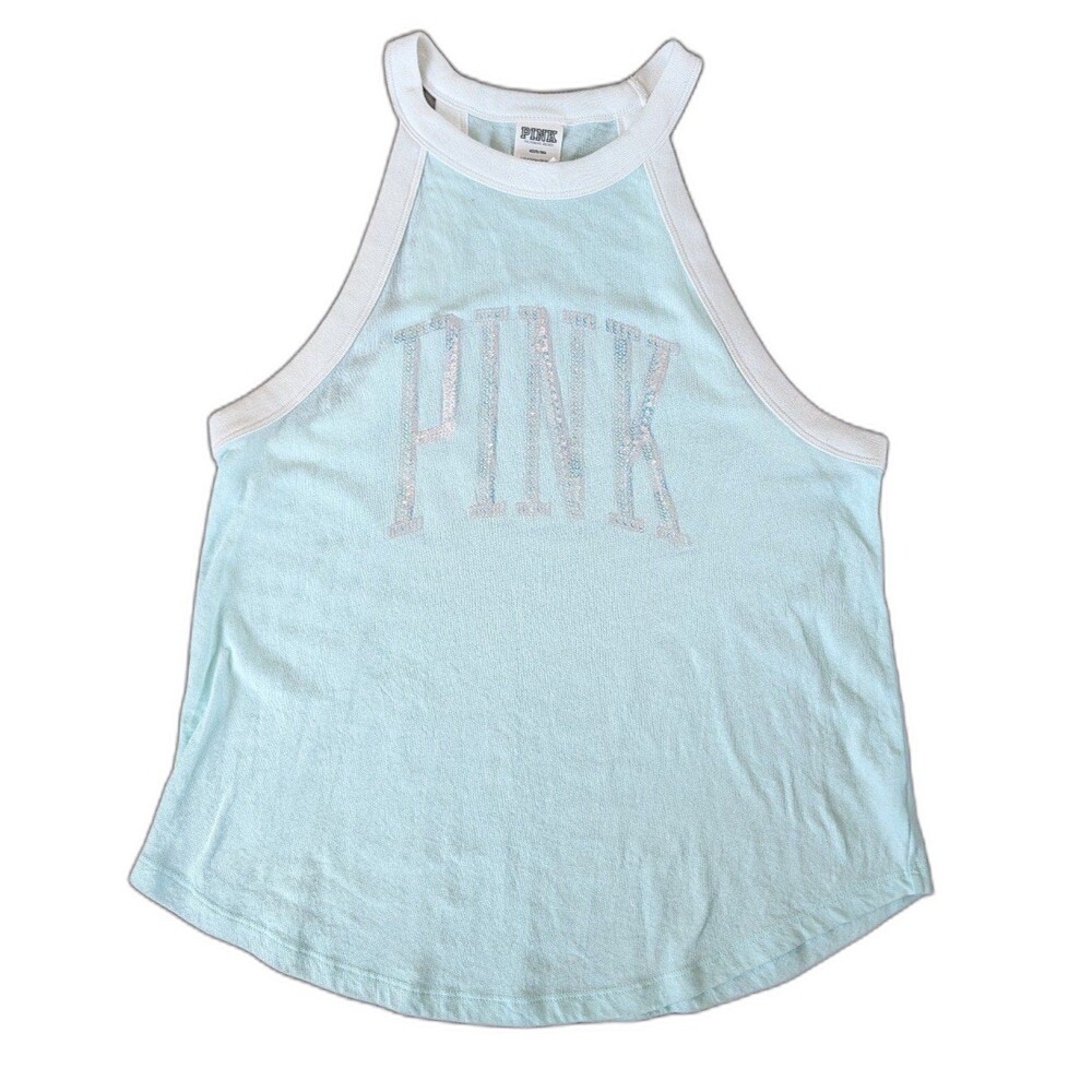 Victoria's Secret PINK Aqua Blue Halter Tank Top Sparkly Sequin Logo Size M